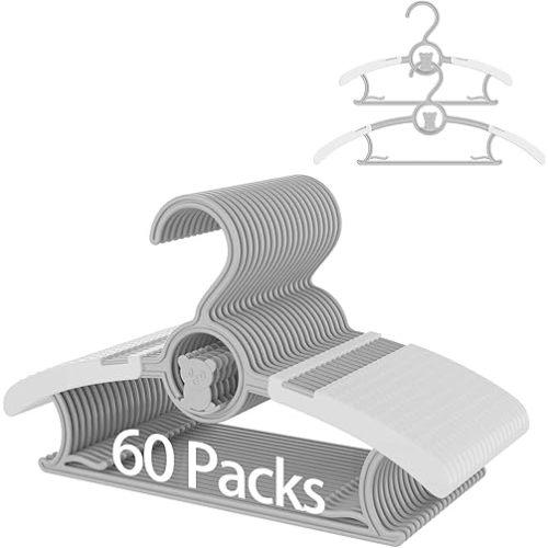 Baby Hangers, 11-14 Inch Extendable Kid Hangers - 60 Pack, Non-Slip, Stackable, Grey