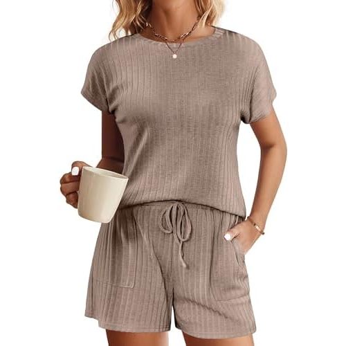 Ekouaer Pajamas Set for Women 2 Piece Pjs Ribbed Knit Lounge Set Cap Sleeve Loungewear Sleepwear S-XXL