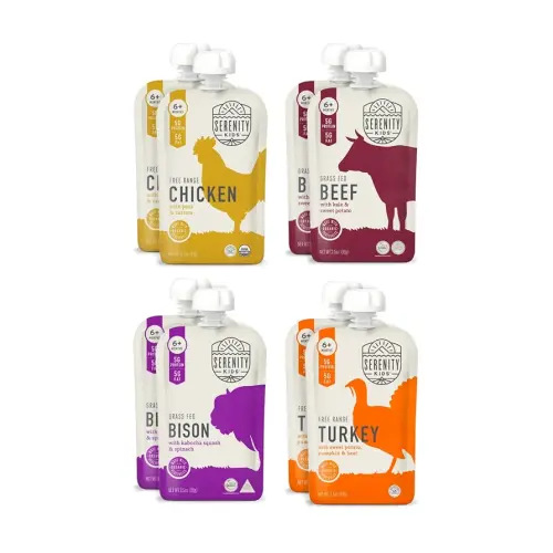 Serenity Kids 6+ Months Baby Food Pouches - Puree with Ethically Sourced Meat & Organic Veggies - Baby Food Meat 3.5 Ounce BPA-Free Pouch - Variety Pack, 8 Count