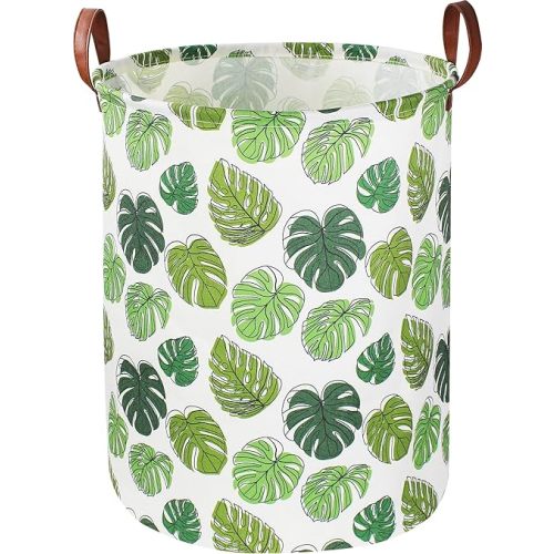 Round Green Laundry Hamper,Jungle Themed Nursery Decor,Tropical Baby Basket,Monstera Room Decor,Waterproof Kids Toys Storage Bin,Safari Gift Basket(Leaf)