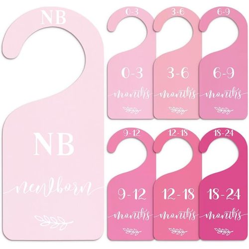 Whaline 7Pcs Pink Wood Baby Closet Size Dividers with Velvet Bag Newborn to 24 Month Thicken Infant Wardrobe Hanger Organizers for Home Nursery Party Favors Supplies