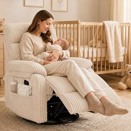 Beige Rocking Chair Nursery Recliners, Small Recliner Rocking Chair for Small Spaces, Manual Swivel Glider Recliner for Living Room Bedroom Office, Corduroy，Adjustable Backrest & Footrest (Beige)