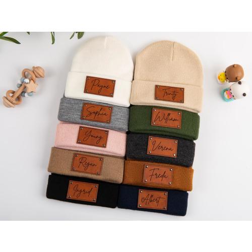 Personalized Baby Beanie,Newborn Baby Beanie Hat Toddler Hat Kids Youth,Leather Name Patch Beanie,Adult Kids Hat with Name Patch