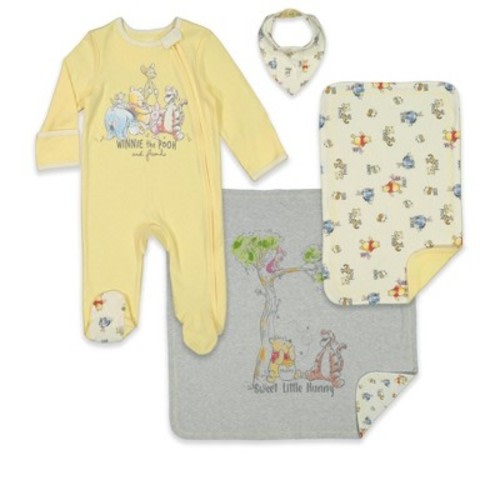 Disney Fairies Winnie the Pooh Newborn Baby Boys Sleep N' Play Bib Blanket and Burp Cloth 4 Piece Outfit Set 0-6 Months