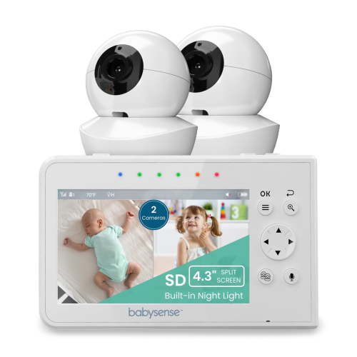 Babysense Split Screen Video Baby Monitor, 4.3" Display, 2 PTZ Cameras, Night Vision, Two-Way Talk