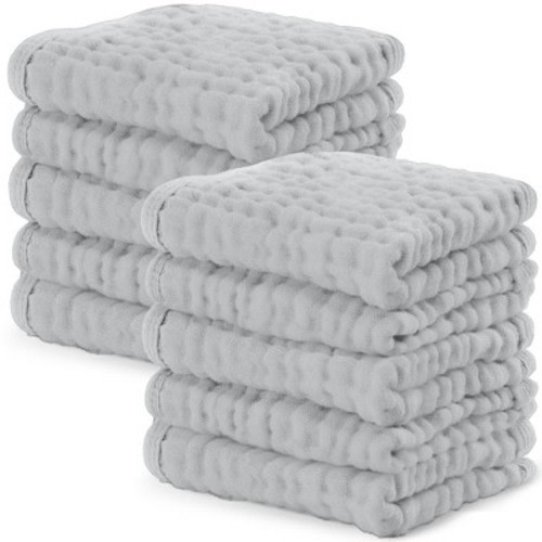 Comfy Cubs Muslin Baby Washcloths 10 Pack - Soft Large 10"x10" 6-Layer Absorbent Cotton - Heather Blue