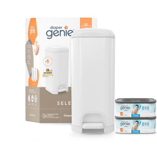 Diaper Genie Select Pail Registry Gift Set (White) | Made of Durable Stainless Steel Metal | Includes 2 Jumbo Refills | Holds 1620 Newborn Diapers