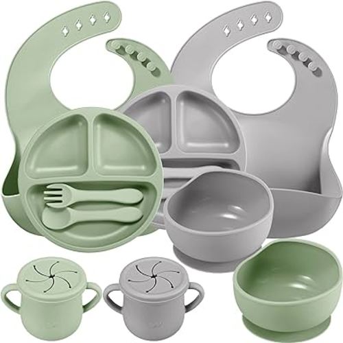 14 Pack Baby Feeding Set, Silicone Baby Led Weaning Feeding Supplies with Suction Bowl Divided Plate Adjustable Bib Soft Spoon Fork Snack Cup with Lid Drinking Cup, Utensil (Army Green, Grey)