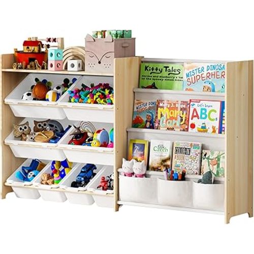 Kids Toy Storage Organizer, Toy Organizer with 4 Tier Bookshelf, Toy Storage with Shelf and 8 Toy Bins, Kids Bookshelf and Toy Storage for Playroom, Bedroom, Kids Room, Classroom