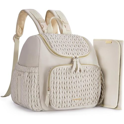 mommore Diaper Bag Small Diaper Backpack Stylish Toddler Baby Mini Maternity Bags Travel Backpacks with Insulated Pockets, Changing Pad, Stroller Straps - Light Cream