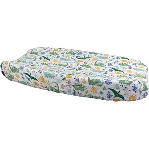 Bebe au Lait Premium Muslin Changing Pad Cover - Elasticized Fit, Safety Strap Holes, 2-Layer Muslin Bamboo Blend, Fits Standard Baby Changing Pad up to 36" X 18" X 6"- One Size, Dino Roar