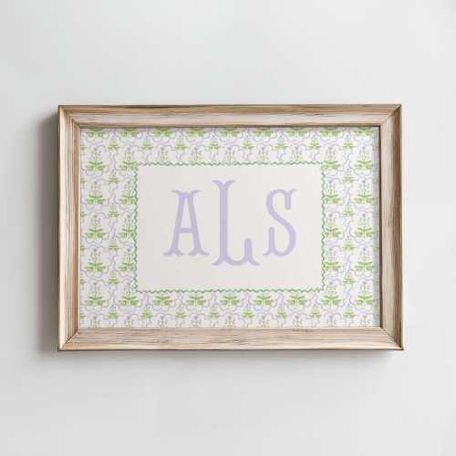 Personalized Floral Monogram Wall Art, Printed Name Art for Girls, Custom Grandmillennial Decor, Purple and Green Preppy Nursery Print