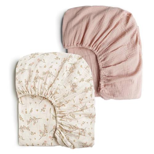 Konssy Muslin Crib Sheets for Girl Boy, 2 PCS Soft and Breathable Cotton Baby Sheets for Standard Crib Mattress, 52"x 28" (Floral, Pink)