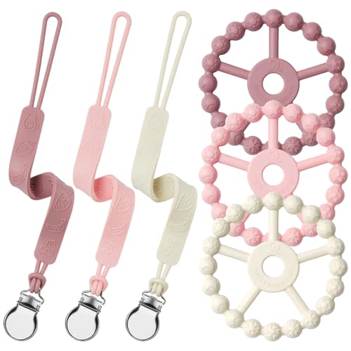Silicone Ring Teether and Pacifier Clip, Seposeve Pack of 3 Baby Pacifier Teether Clip for Babies 0-6 Months, Teething Ring Toys, Keeps Teethers Clean, 6-12 Months 12-24 Months, Purple Pink White