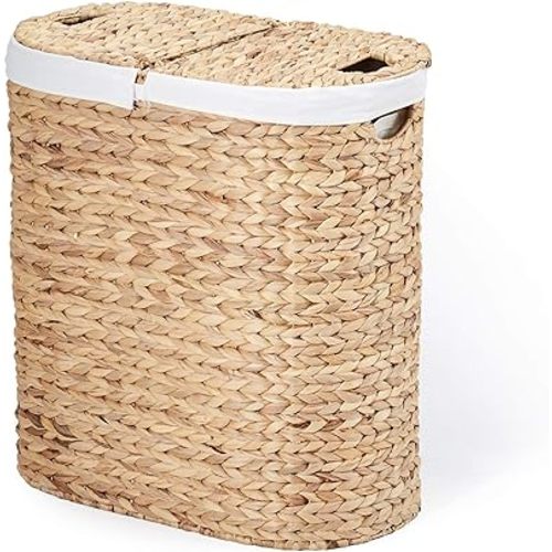 Seville Classics Premium Natural Handwoven Portable Laundry Bin Basket with Carrying Handles, Household Storage for Clothes, Linens, Sheets, Toys, Water Hyacinth, Oval Hamper