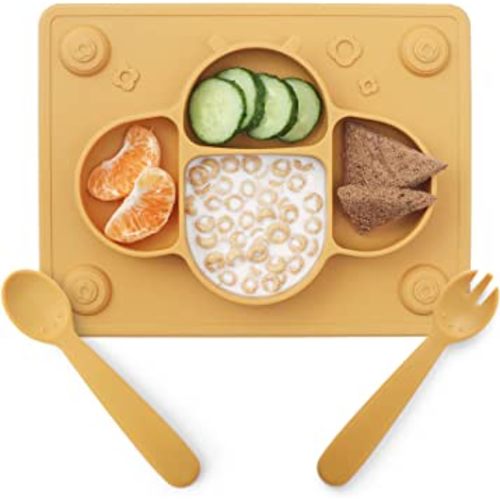 ROCCED Suction Plates for Baby Placemat Spoon Fork Set for Toddlers, Silicone Baby Plates with Suction Baby Dishes for Kids Plates-mustard