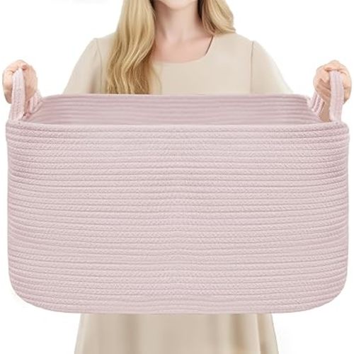 YOUDENOVA Rectangle Laundry Hamper Blanket Basket，21.6''×14.9''×11.8'' Cotton Rope Woven Laundry Basket for Organizing, Toy Basket for Living Room, Bedroom Pink