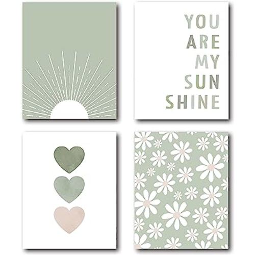 Boho Sage Green Sun You Are My Sunshine Daisy Flower Heart Poster Wall Art Prints,Boho Gifts for Girls,Bohemian Wall Art Decor for Baby Girls Room Nursery,8 x 10 Inch Set of 4 Prints,Unframed