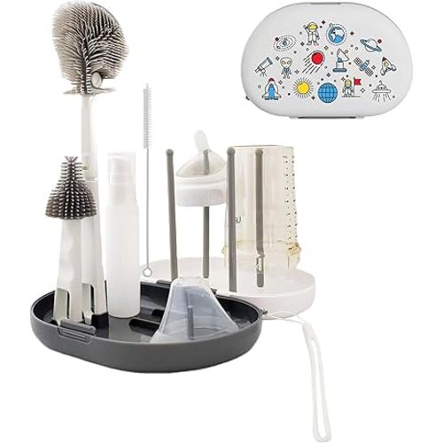 Bottle Brush Set -Baby Travel Essential-6 in 1 Bottle Cleaner Kit with Silicone Bottle Scrubber, Nipple Cleaner, Straw Brush, Drying Rack, Soap Dispenser, Storage Box - Home and Travel (White/Gray)