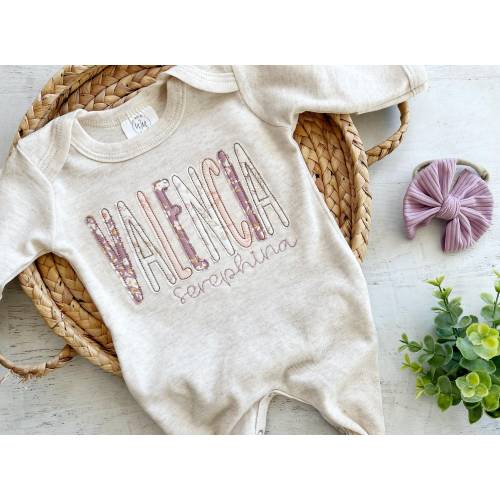 Personalized purple and pink floral baby girl outfit, custom lavender coming home outfit