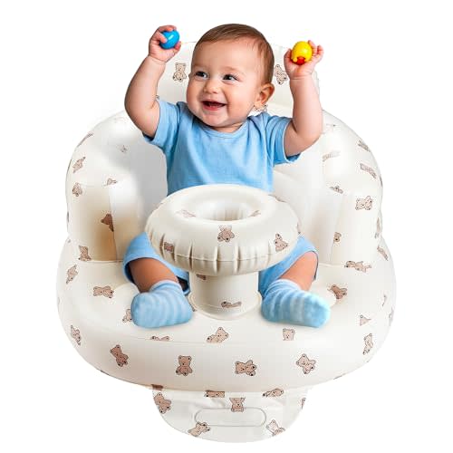 CHIZEKOO Portable Inflatable Baby Seat, Waterproof Infant Floor Chair with Tray for Sitting Up, Built-in Valve Toddler Support Blow Up Baby Chair, Essentials for Newborns Aged 3 to 36 Months (Bear)