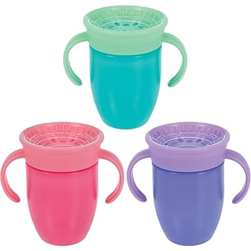 Nuby Wonder Cup with 360 Smart Edge Silicone Rim - (3-Pack) 7 oz - Aqua/Purple/Pink