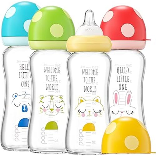 YOHKOH Natural Glass Baby Bottle with Natural Response Nipple, Newborn Anti-Colic Baby Bottles, Wide Neck Mushroom Cap Baby Bottle, Clear (8.8ounce (Pack of 4), Multicolour1)