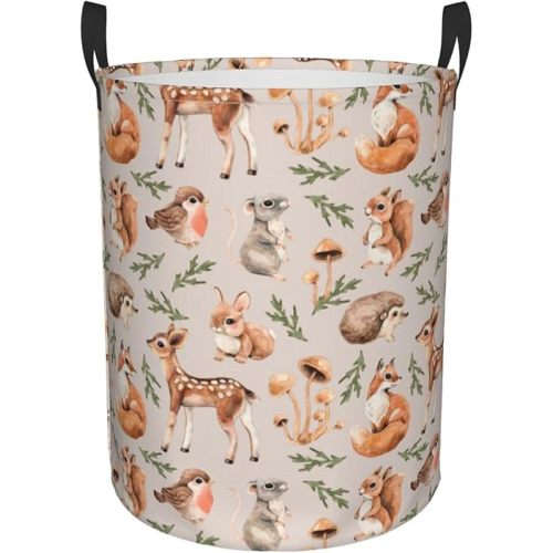 62L Round Laundry Hamper Forest Little Animals Storage Basket Waterproof Coating Deer Squirrel Fox Hedgehog Bird Organizer Bin For Nursery Clothes Toys