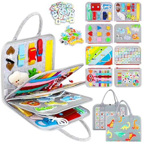 Esjay Toddler Busy Board Montessori Toys for Boys Girls, Sensory Board Educational Activities for Learning Fine Motor Skills, Birthday Gifts for Toddlers, Travel Toys for Airplane Car,Grey Dinosaur