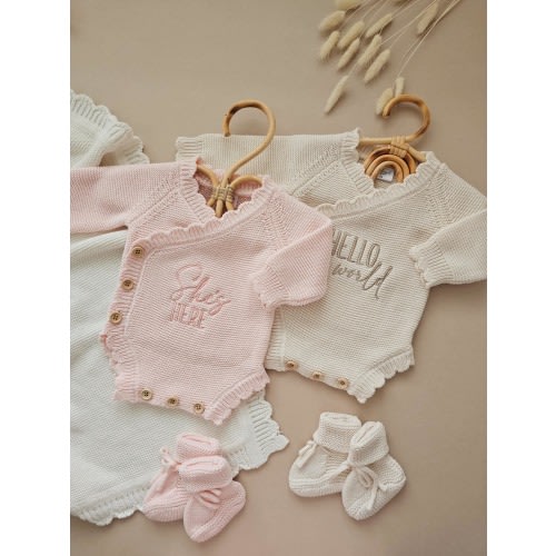 Personalised Baby Scalloped Romper, Luxury Neutral Set, Newborn Beige, Announcement Bodysuit, Baby Coming Home Outfit, Knitted Hello World