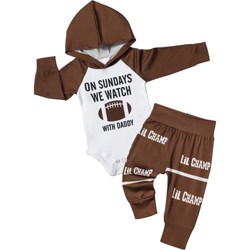 Fommy Newborn Baby Boy Clothes Plaid Letter Print Long Sleeve Hoodies + Long Pants 2PCS Fall Winter Outfits Set - Brown+rugby