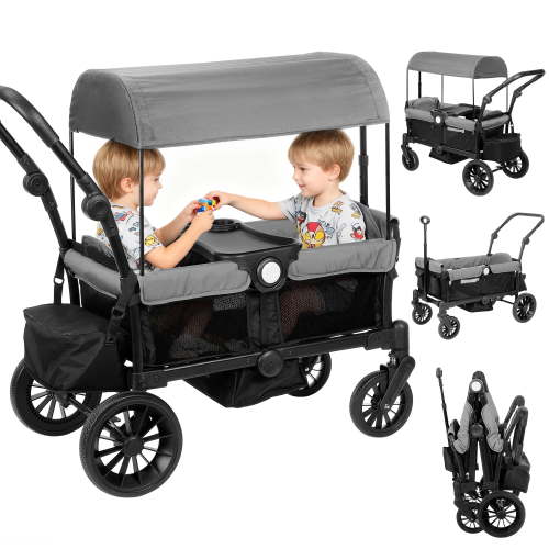 Stroller Wagon 2 Seater, Wagon for Kids, Collapsible Stroller with Seats with 3-Point Harnesses,Removable Sun Canopy and Storage Bag Gray
