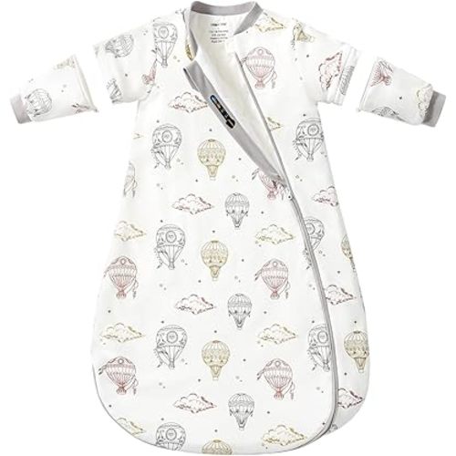 Baby Sleep Sack 6–12 Months, 2.5 TOG Warm Cotton Sleep Sack with Detachable Long Sleeves, Winter Wearable Blanket for Cold Nights, 2-Way Zipper Toddler Sleeping Sack, Hot Air Balloon