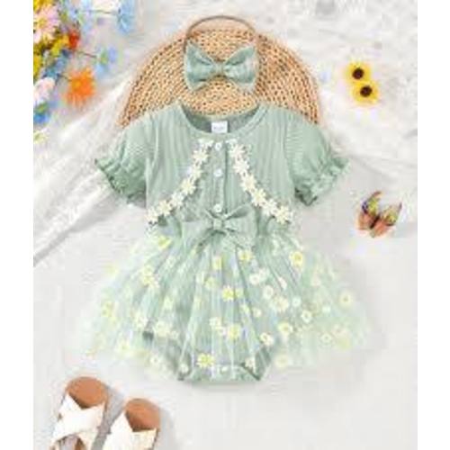 Summer Newborn Baby Girl Green Cute Little Fresh Daisy Print Mesh Mesh Pit Strip Fabric Waist Flower Embroidery Decoration Suspender Dress And Headband I discovered amazing products on SHEIN.com, come check them out! http://api-shein.shein.com/h5/sharejum