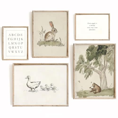 Vintage Nursery Wall Art Kids Canvas Prints Baby Boys Wall Decor Animal Pictures Bunny Poster Neutral Children Prints Duck Painting Woodland Bear Artwork for Farmhouse Bedroom 8x10 Inch Unframed