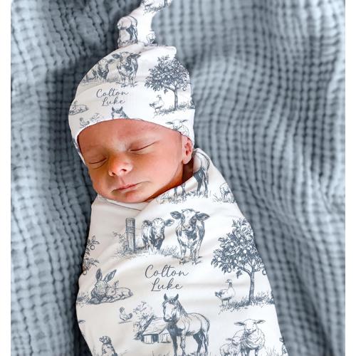 Toile Farm Animal Baby Blanket: Personalized Swaddle Boy