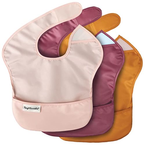 Tiny Twinkle Mess-Proof Baby Bibs for Eating | Waterproof, Wipeable Toddler Bibs with Catch-All Pocket | Feeding Bibs for Girls & Boys(3 Pack,Checkers Girl)