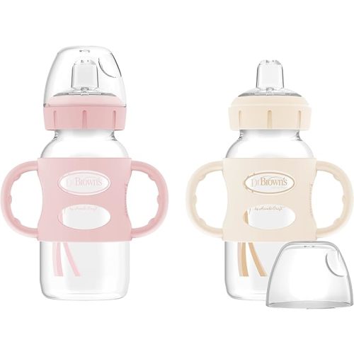 Dr. Brown’s Milestones Wide-Neck Transitional Sippy Bottle with Silicone Handles, 9oz 6m+ Light Pink and Ecru 2-Pack