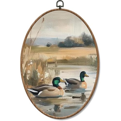 Yorhifa Vintage Mallard Duck Framed Wall Art, Countryside Lake Oval Wall Art, Wildlife Nature Pond Oval Walls Decor, Farmhouse Rustic Farm Animal Canvas Artwork Hanging Decor, 8.5x11.5 Inch