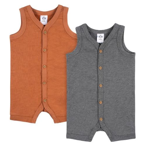 Gerber Baby Boys' Short Leg Sleeveless Romper, Heather Gray & Rust, 0-3 Months, 2-pack