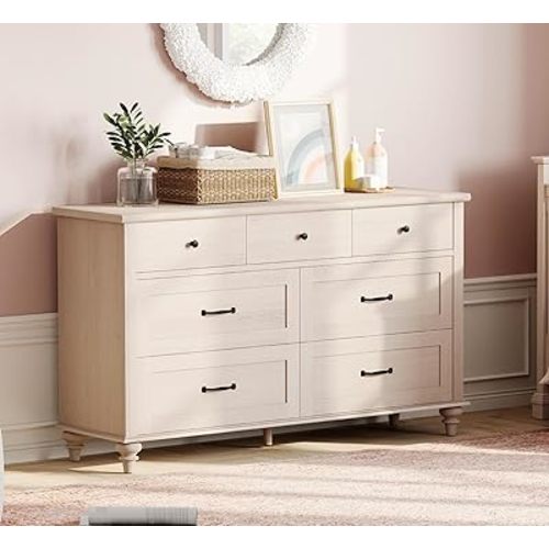 WAMPAT Beige Baby Dresser with 7 Drawers, Kids Dresser Wooden Dresser for Kids Room, Dresser Cabinet Storage Organizer for Bedroom, Children's Bedroom & Nursery