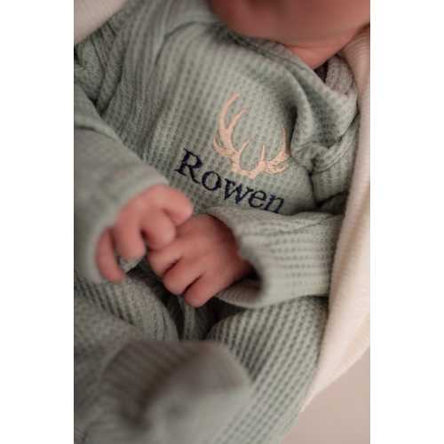 Baby boy coming home outfit, deer hunter antler monogram, monogrammed zip footie, personalized, monogram, baby shower hunting gift