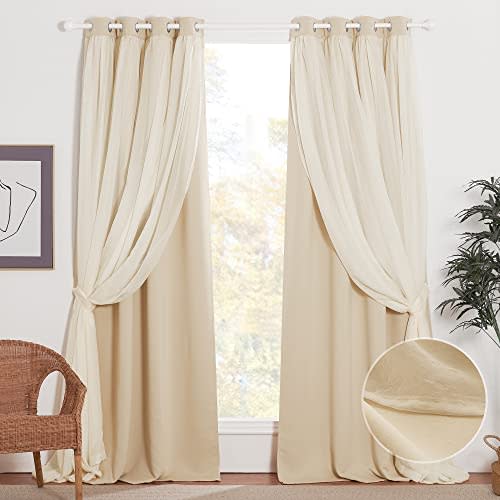 NICETOWN Nursery Blackout Curtains for Bedroom Living Room Crushed Sheer x Blackout Curtains 84 inches Long Farmhouse Curtains with Tie Backs for Kids (2 PCs, W52 x L84 inch, Biscotti Beige)
