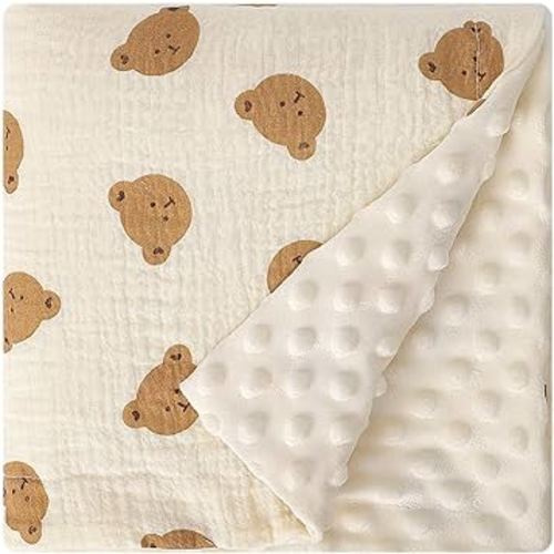 Fluffy-Backed Swaddle Blankets Baby Double Layer Muslin 100% Cotton Front Nursery Plush Dotted Fleece Back Receiving Bed Quilt Blanket for Unisex Newborn Baby Toddler Boys Girls 30 x 41 Inches