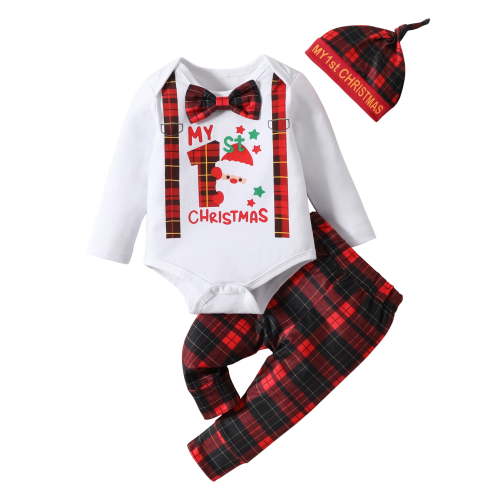 Qtinghua Newborn Baby Boy Christmas Gentleman Suit Letter Print Long Sleeve Romper with Bowtie+Plaids Pants+Hat Set Red 0-3 Months