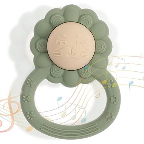 Rattle Teether, Lion Shape Montessori Baby Sensory Teething Toys, Food Grade Silicone BPA Free, Newborn Essentials Must Haves (Shifting Sand Sage)