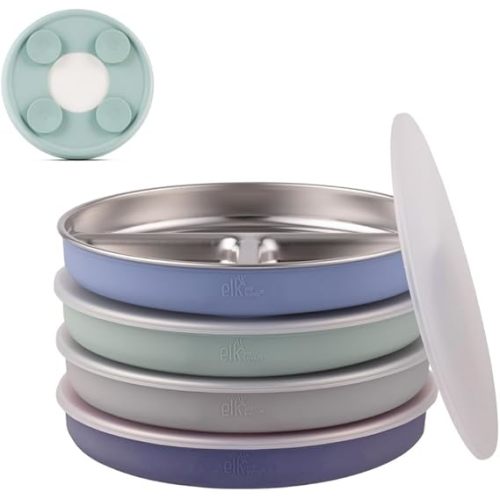 Elk and Friends Kids Stainless Steel Divided Plates with Silicone Suction Sleeves | Lids Included | Suitable for Babies/Toddlers | Dishwasher Safe | Stay Put Dinnerware | Snack Dishes | 4 Pack