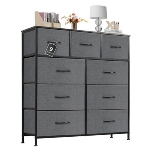 CONCETTA 9-Drawer Dresser, Fabric Storage Tower Organizer with Sturdy Steel Frame & Wooden Top, Easy-Pull Handles, Multi-Functional Unit for Bedroom, Living Room, Hallway, Closet, Entryway - Black