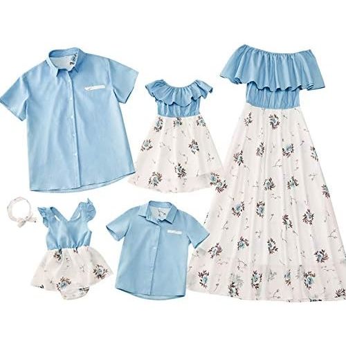 PopReal Family Matching Outfits Mommy and Me Dresses Floral Printed Men Boy Shirt Girl Romper