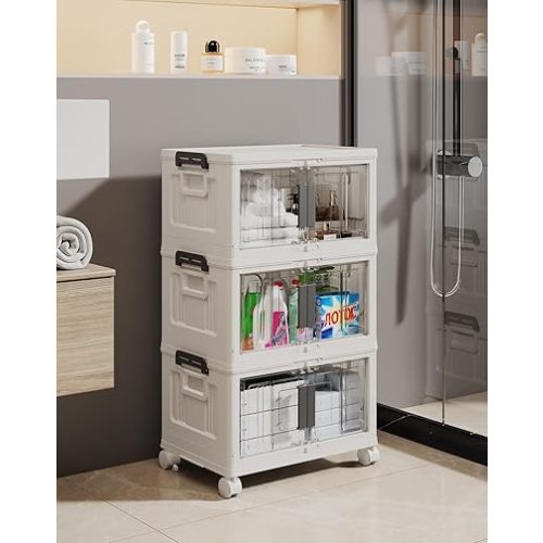 OlarHike 23QT Stackable Storage Bins with Lids - Folding Storage Box with Doors and Wheels, Collapsible Plastic Storage Bins for Closets and Organization, Christmas Gifts, 3 Pack Cubes